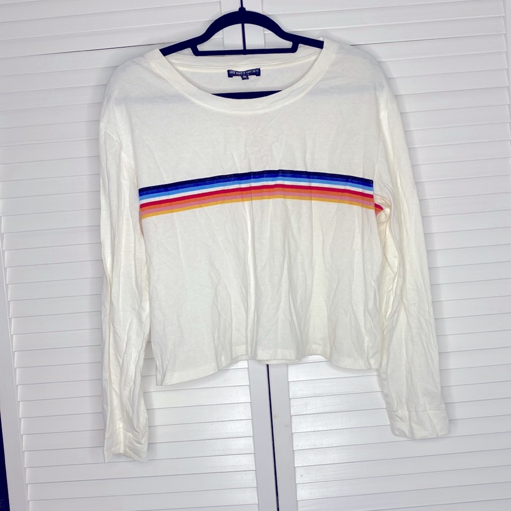 White long sleeve rainbow 🌈 tee shirt from ‘love peace & lazy days’.